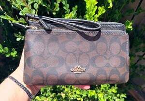 Coach Double Zip Wallet in Signature Canvas Brown Black C5576